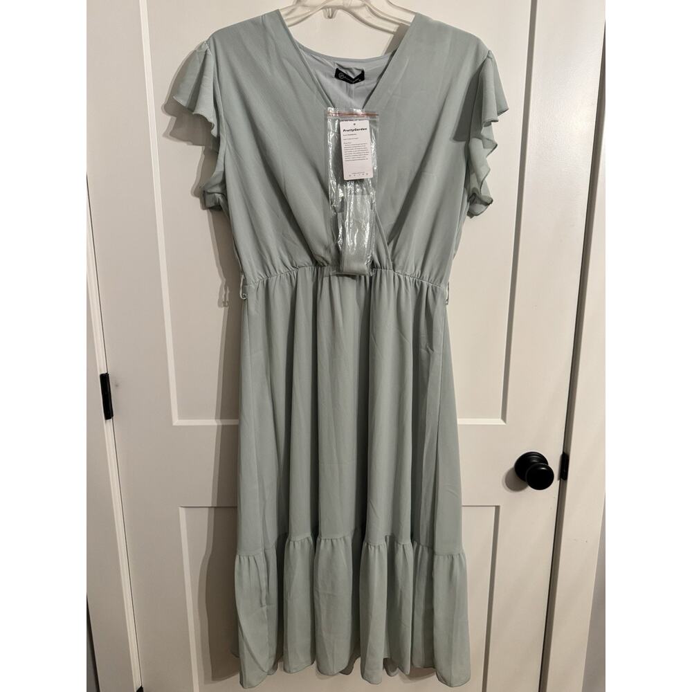 NWT Pretty Gardens Sz XL Sage Green Dress Short Sleeve Spring Easter Belt V-Neck